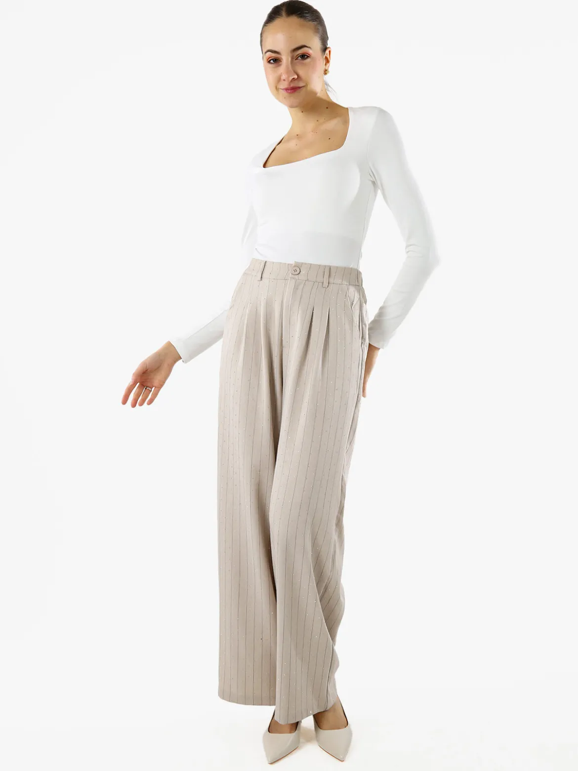 Solada Pantaloni donna a palazzo con micro borchie luccicanti - beige