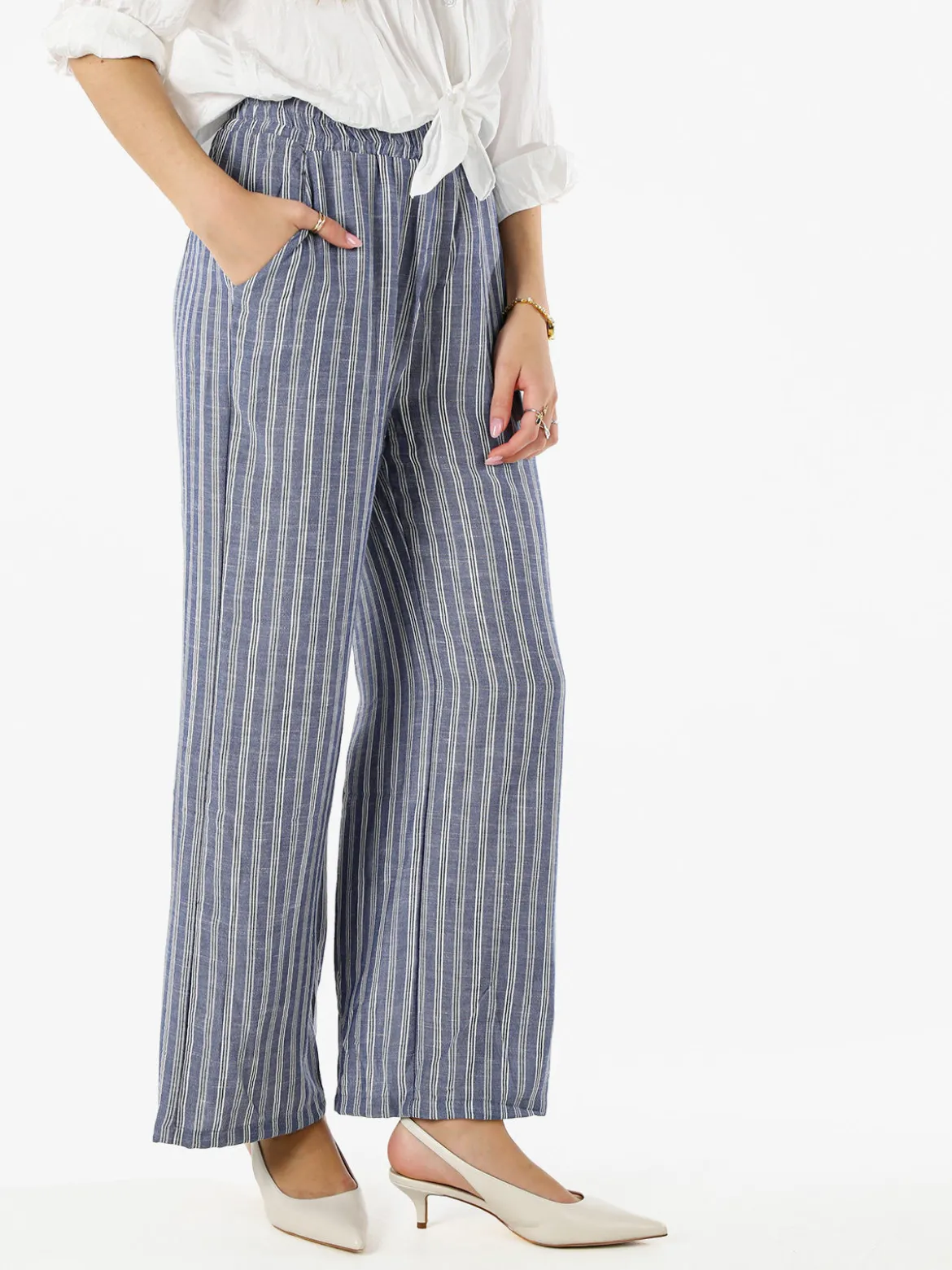 Solada Pantaloni donna a righe in misto lino - blu