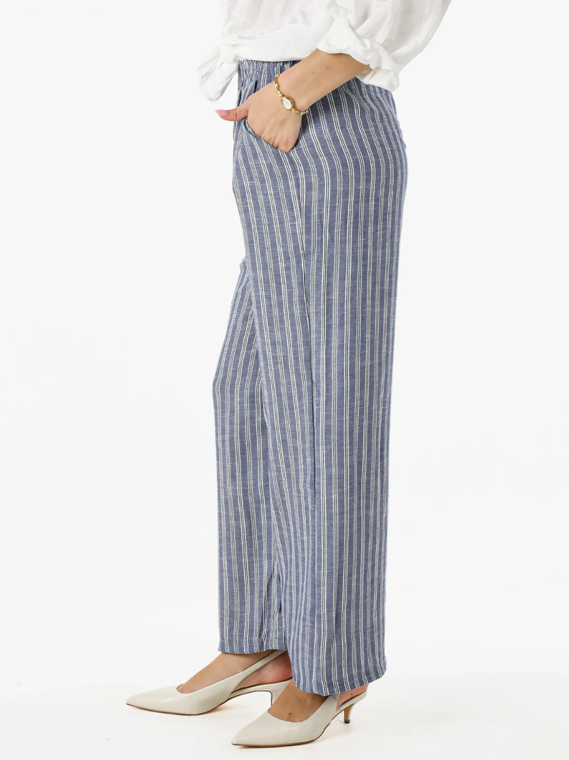 Solada Pantaloni donna a righe in misto lino - blu