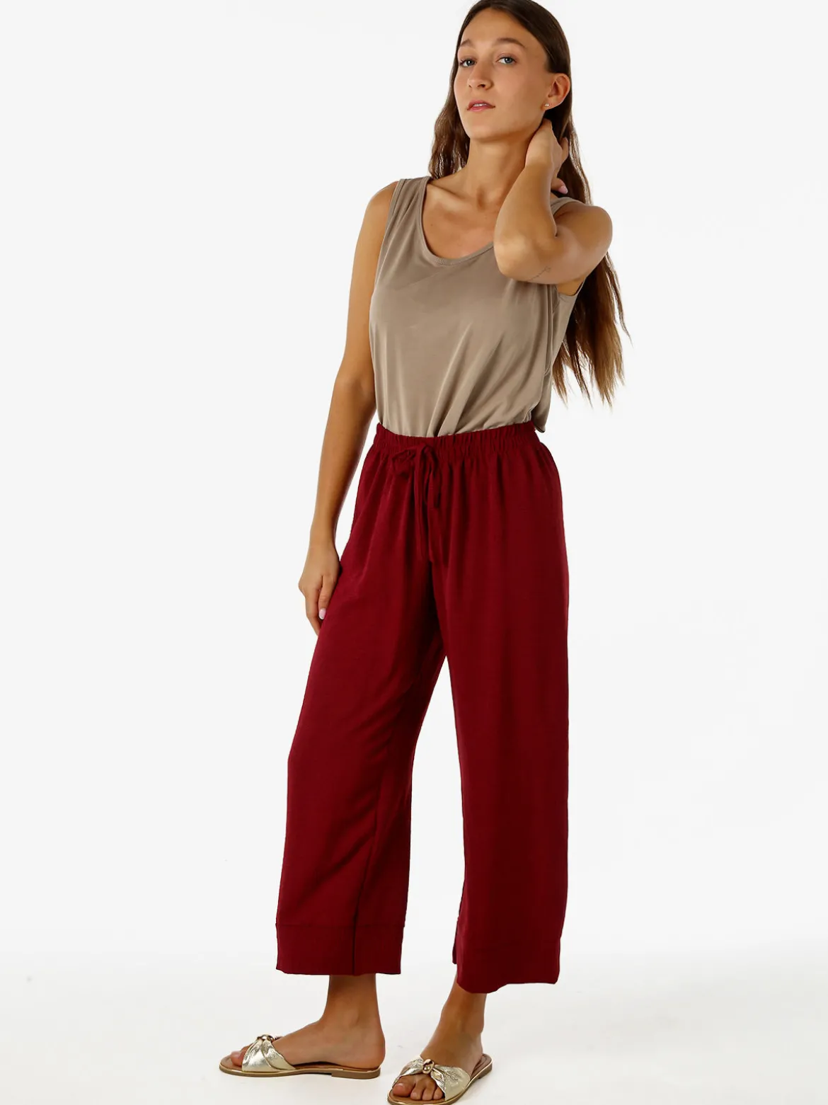 Solada Pantaloni donna cropped a gamba larga con coulisse - bordeaux