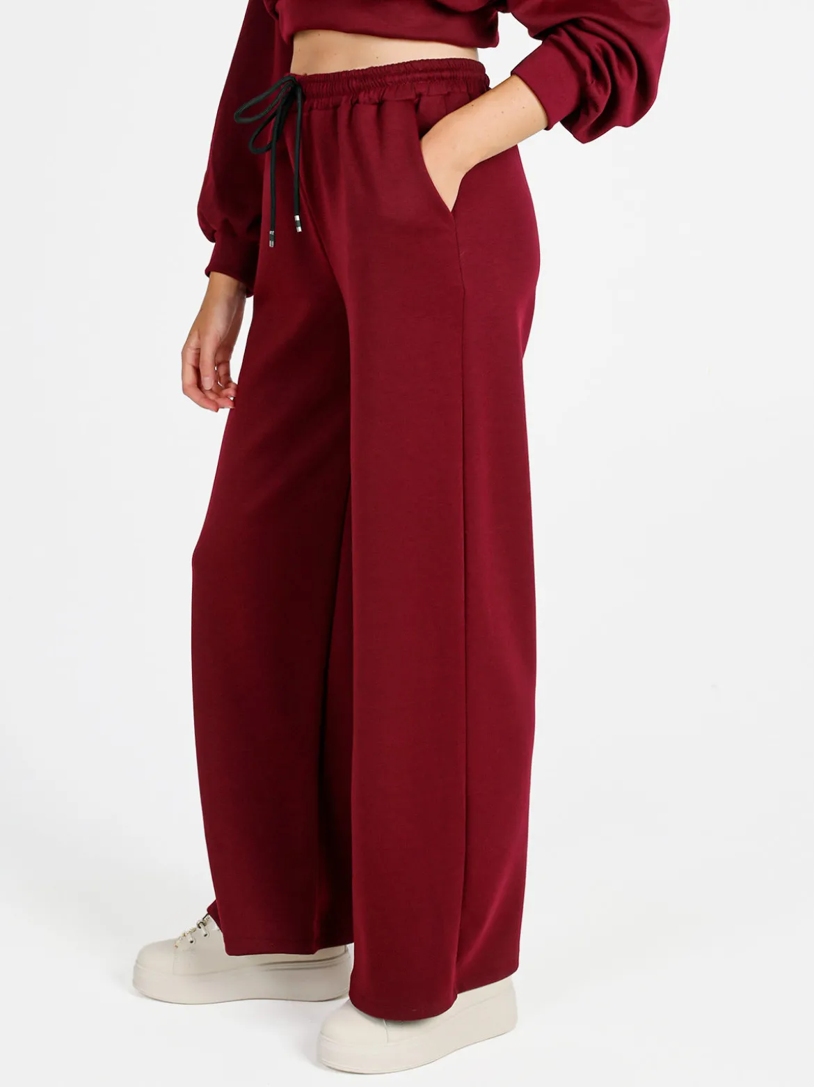 Solada Pantaloni donna in felpa a gamba larga con coulisse - bordeaux
