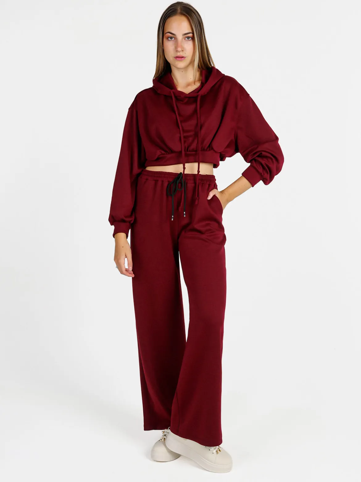 Solada Pantaloni donna in felpa a gamba larga con coulisse - bordeaux