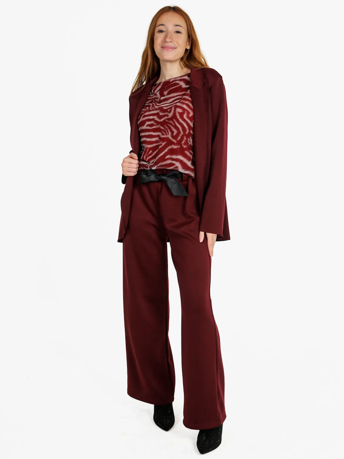 Solada Pantaloni donna vita alta a gamba larga - bordeaux