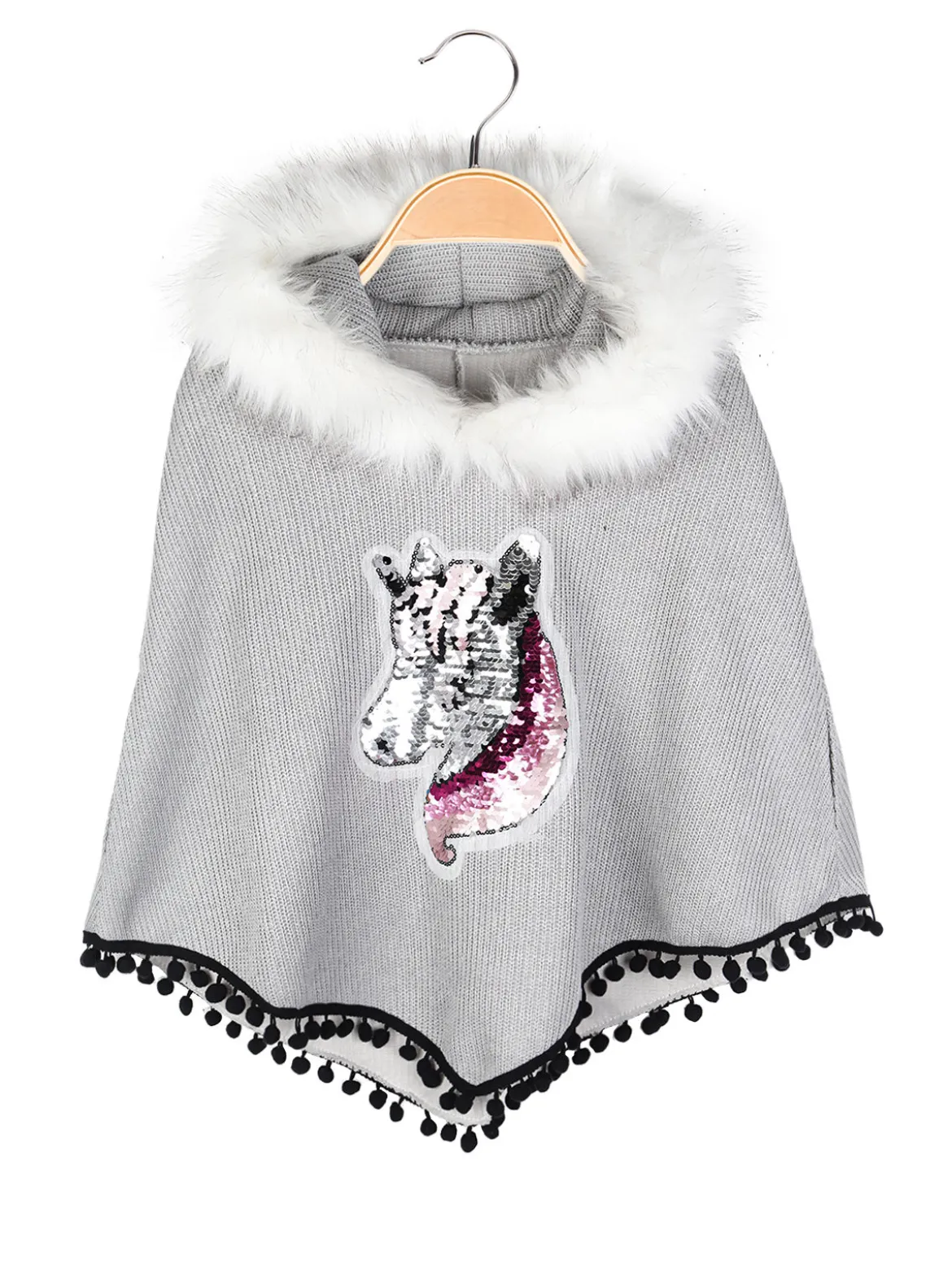 Solada Poncho da bambina con cappuccio e bordo in ecopelliccia