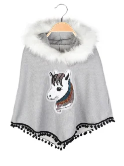 Solada Poncho da bambina con cappuccio e bordo in ecopelliccia