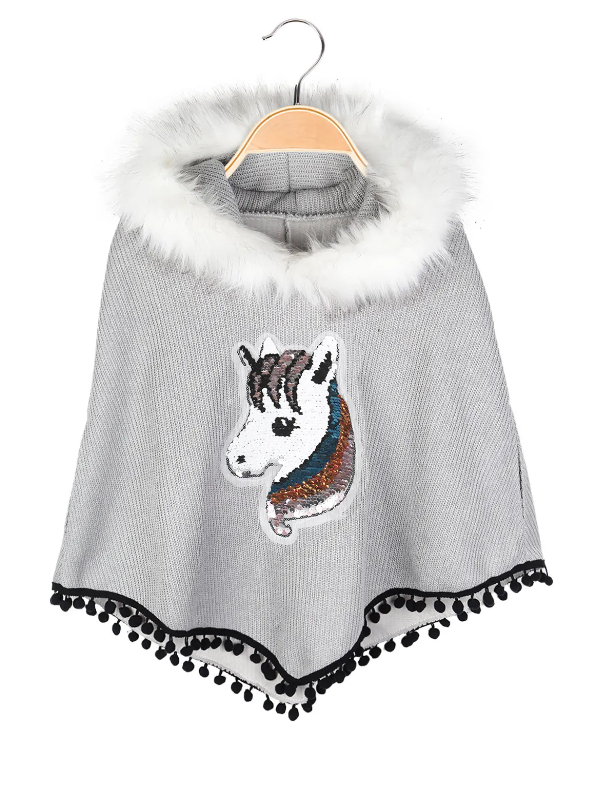 Solada Poncho da bambina con cappuccio e bordo in ecopelliccia