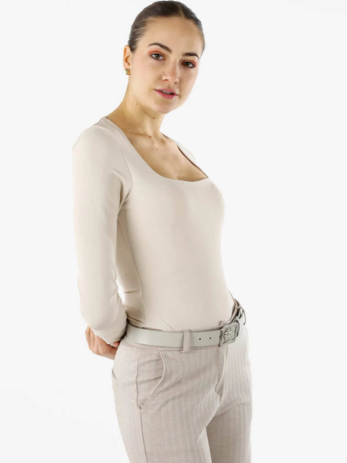 Solada Top body donna a maniche lunghe con scollo quadrato - beige