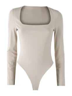 Solada Top body donna a maniche lunghe con scollo quadrato - beige