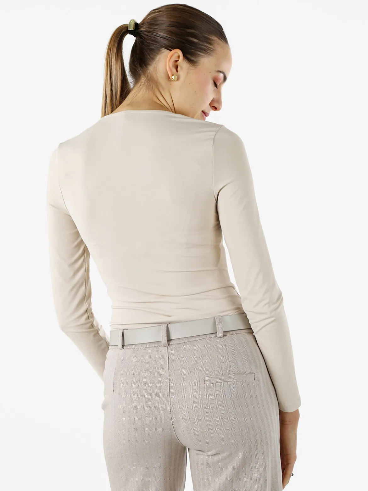 Solada Top body donna a maniche lunghe con scollo quadrato - beige