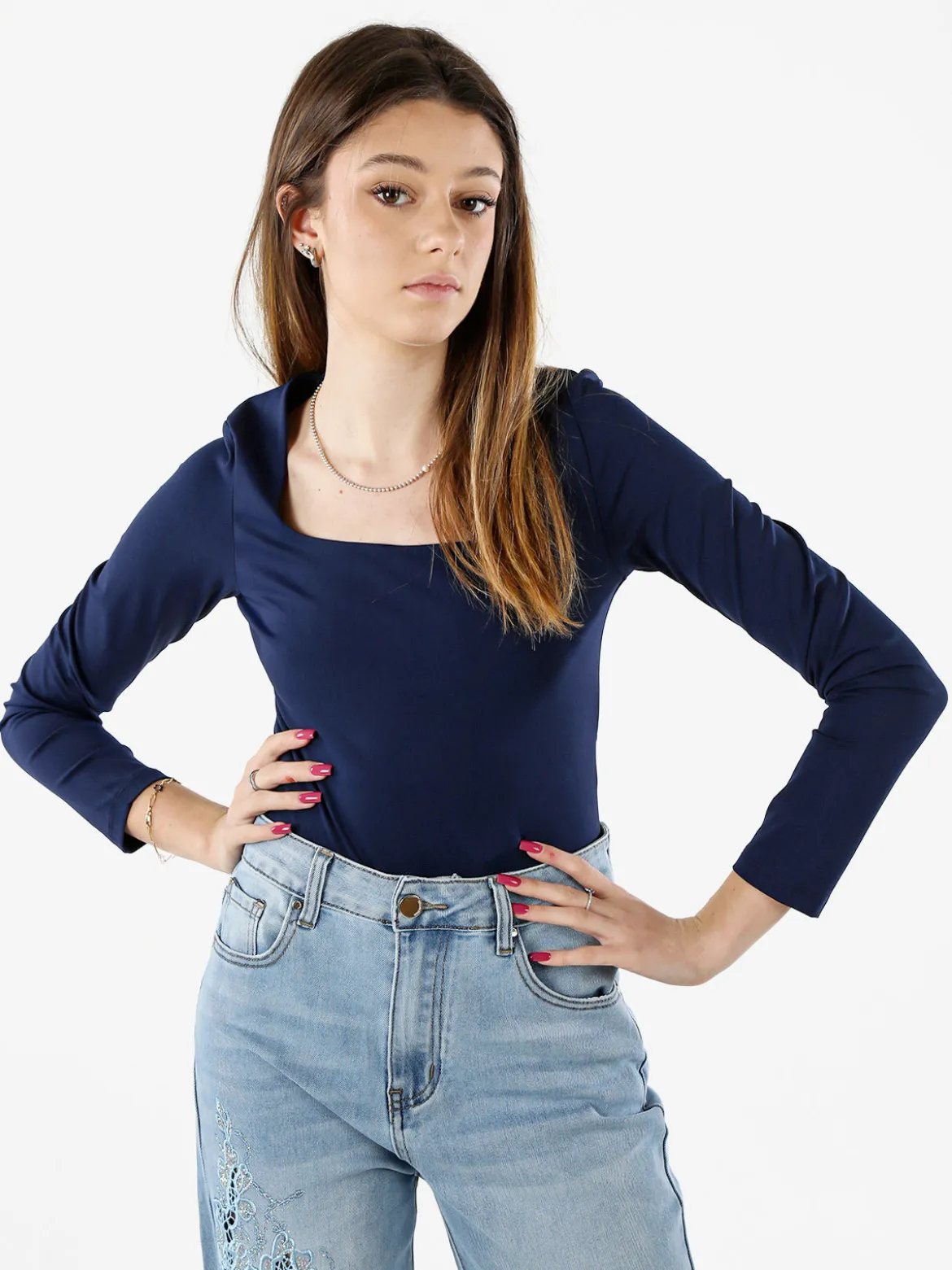 Solada Top body donna a maniche lunghe con scollo quadrato - blu scuro