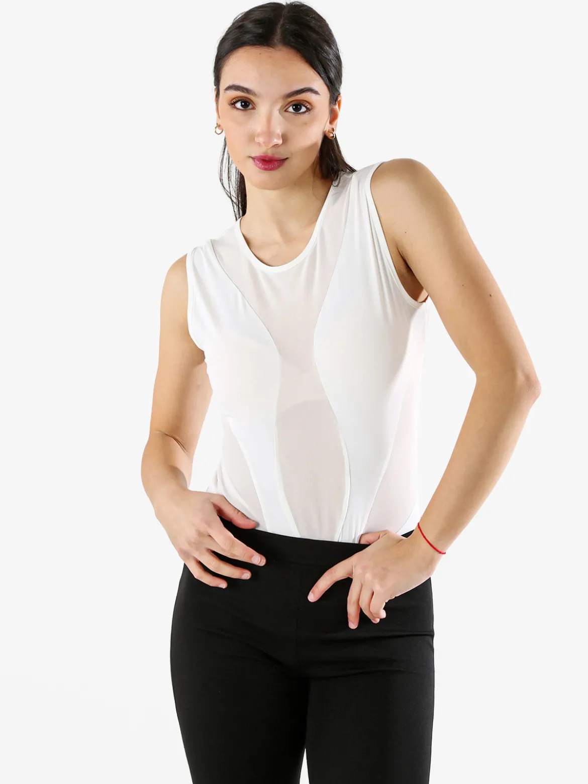 Solada Top body smanicato da donna con inserti a rete - bianco