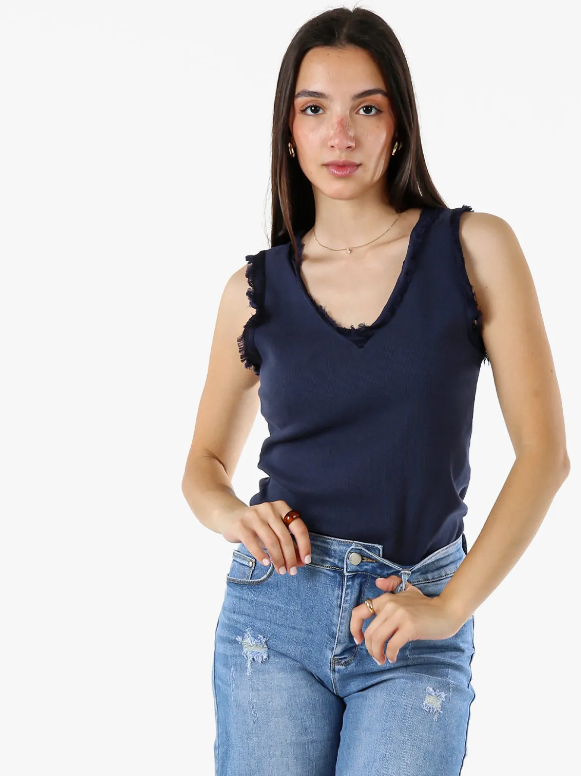 Solada Top donna a costine con scollo a V e bordi sfrangiati - blu scuro
