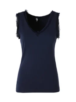 Solada Top donna a costine con scollo a V e bordi sfrangiati - blu scuro
