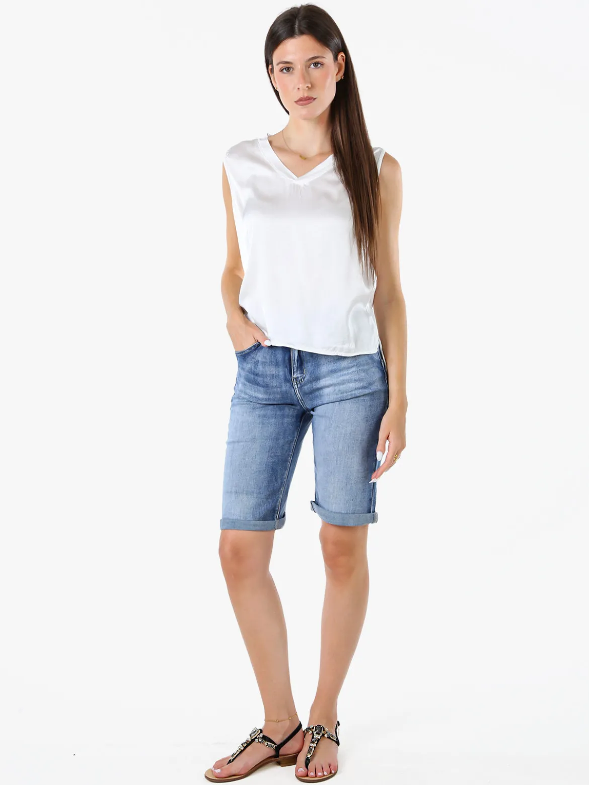 Solada Top donna a spalla larga con scollo a V - bianco