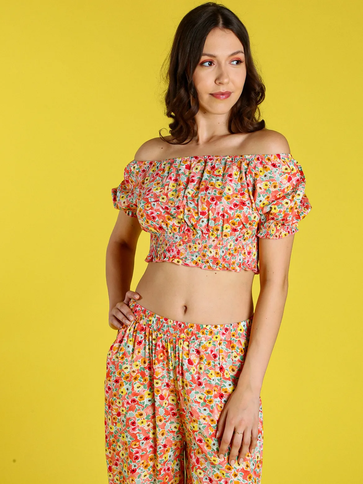 Solada Top donna floreale a maniche corte con scollo elasticizzato - arancione