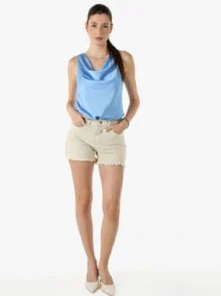 Solada Top donna smanicato con scollo a cascata in tessuto effetto raso - azzurro