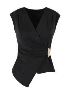 Solada Top donna smanicato con scollo a V e dettaglio dorato - nero