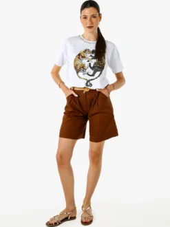 Solada T-shirt donna gioiello con strass e stampa disegno animali - bianco