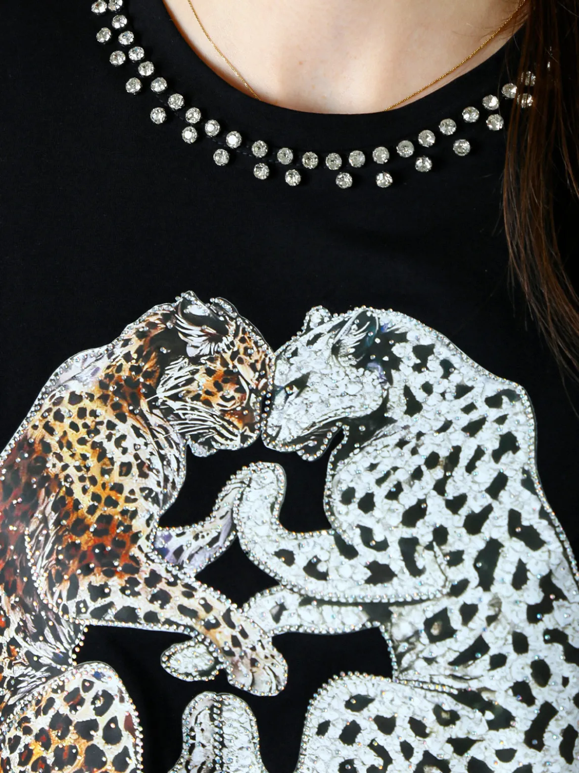 Solada T-shirt donna gioiello con strass e stampa disegno animali - nero