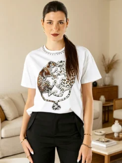 Solada T-shirt donna gioiello con strass e stampa disegno animali - argento