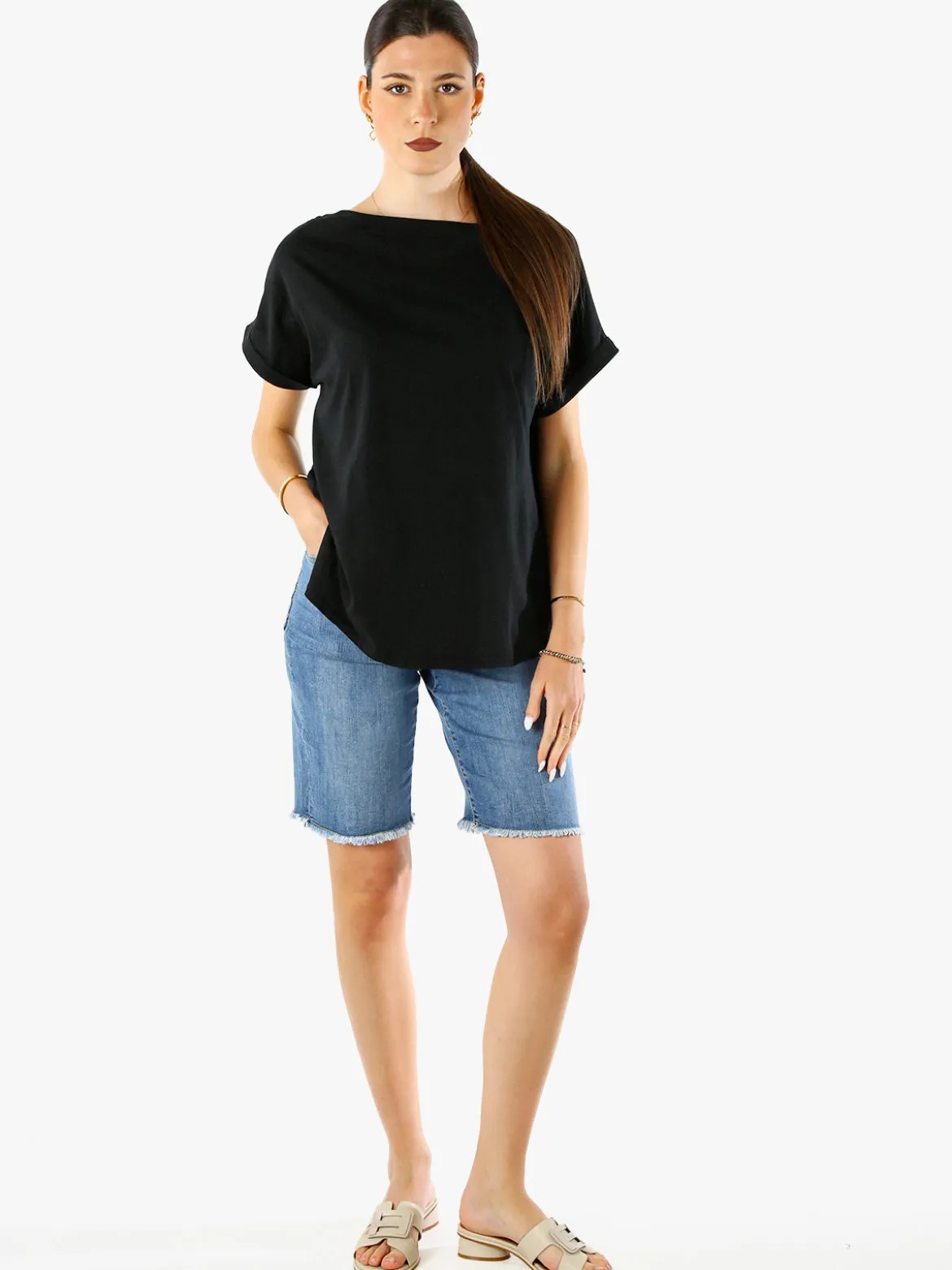 Solada T-shirt donna in cotone con scollo a barca - nero