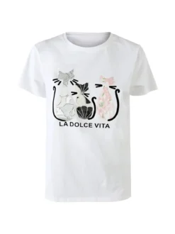 Solada T-shirt donna in cotone con stampa gatti - bianco