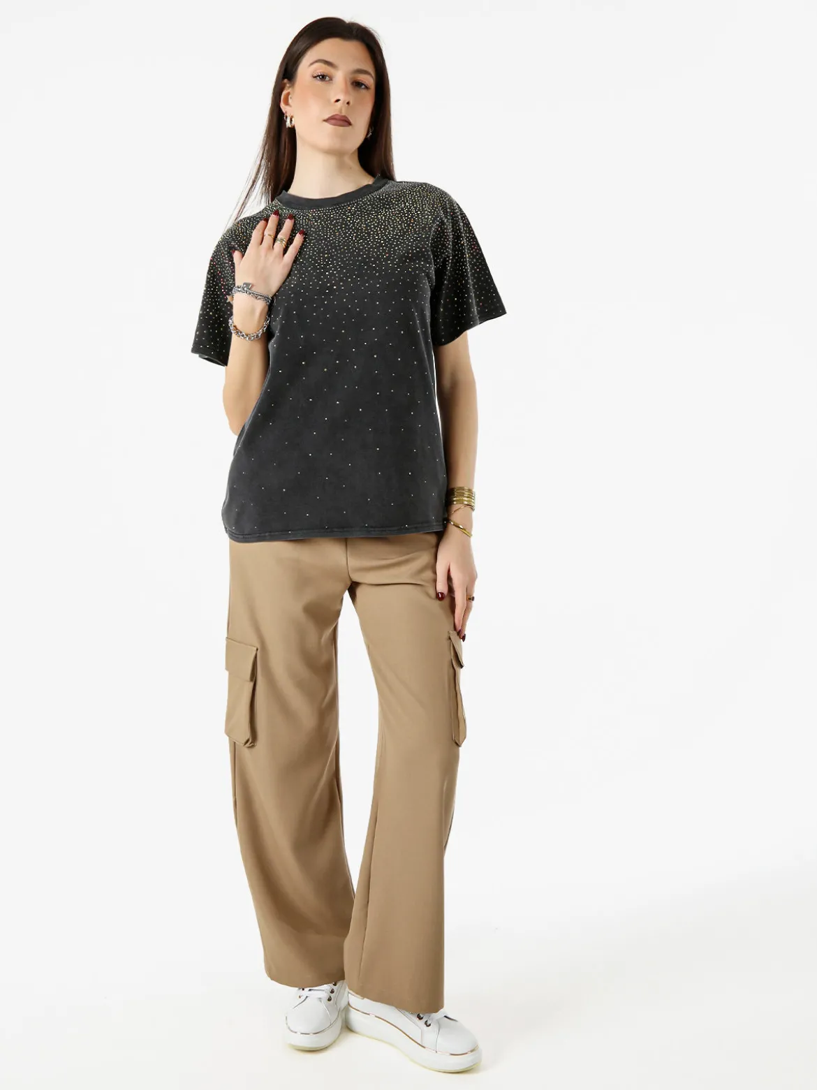 Solada T-shirt donna oversize con strass - nero