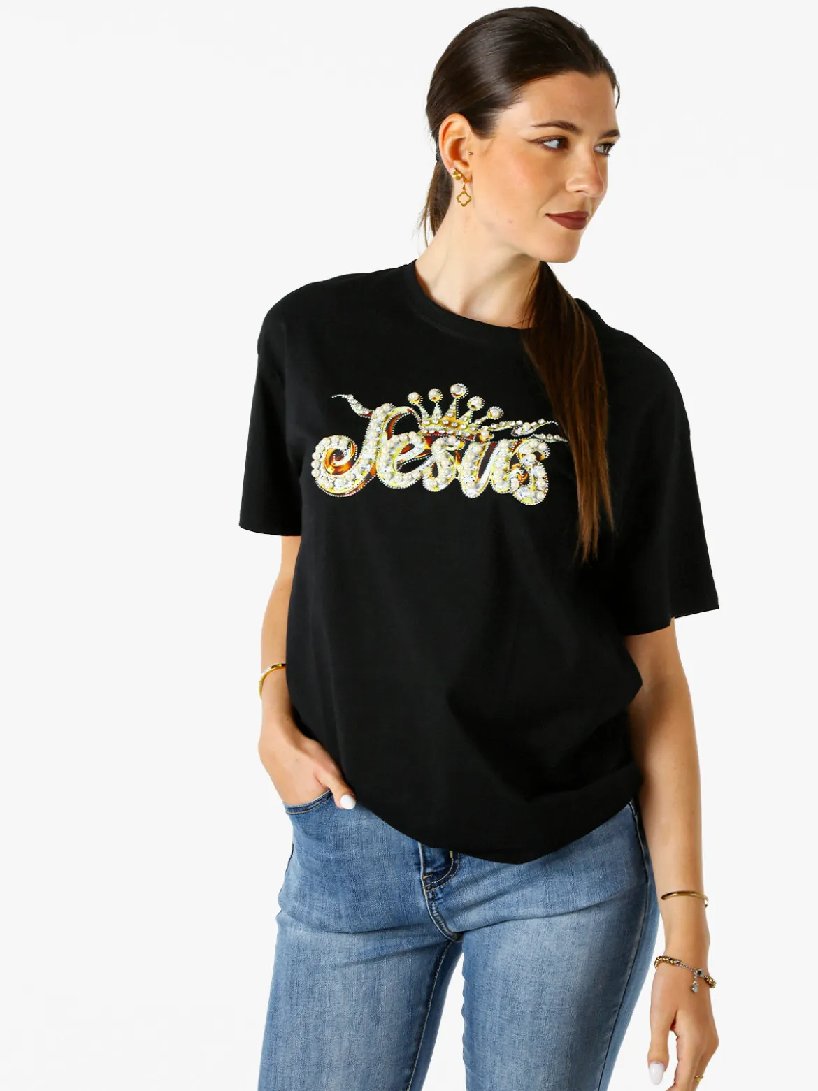 Solada T-shirt donna oversize in cotone con dettagli di perle e strass - nero