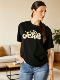 Solada T-shirt donna oversize in cotone con dettagli di perle e strass - nero