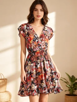 Solada Vestito donna in cotone a maniche corte con stampe colorate - nero