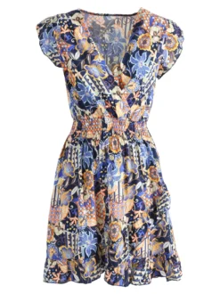 Solada Vestito donna in cotone a maniche corte con stampe colorate - blu