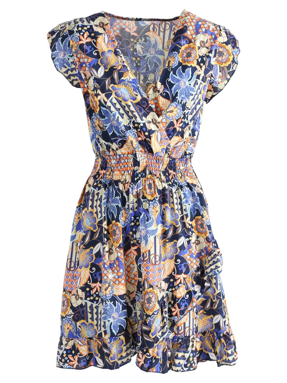 Solada Vestito donna in cotone a maniche corte con stampe colorate - blu
