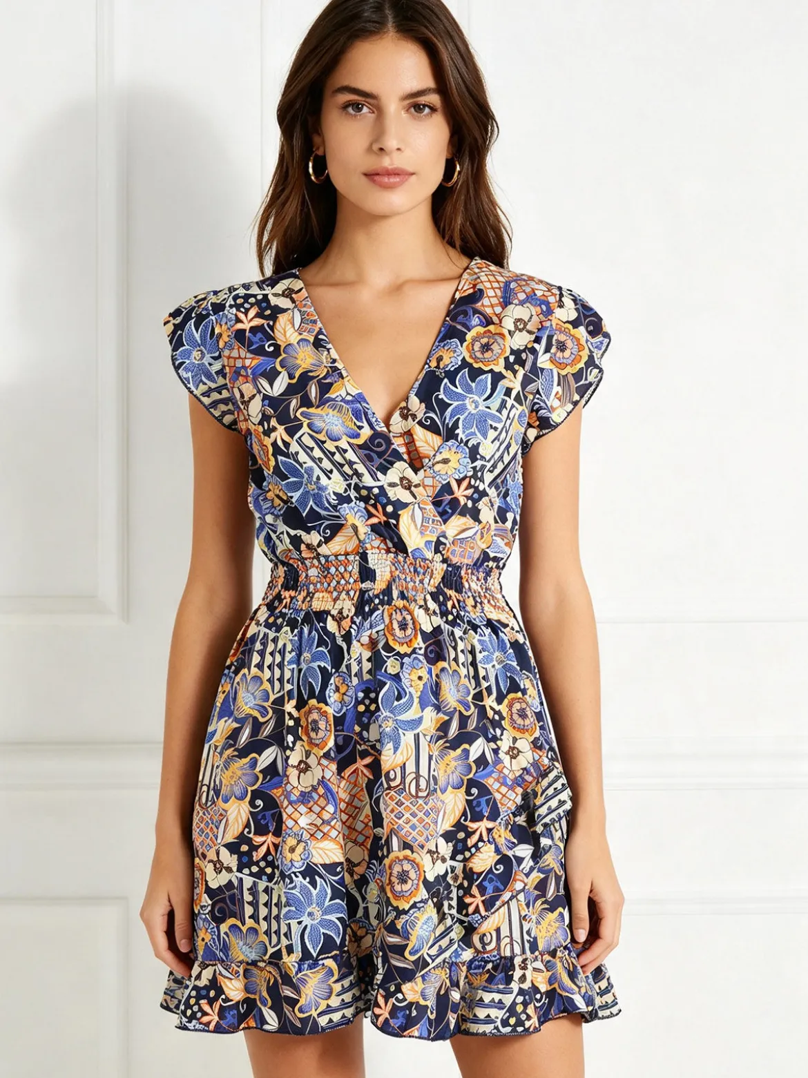 Solada Vestito donna in cotone a maniche corte con stampe colorate - blu