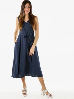 Solada Vestito donna smanicato in misto lino con scollo a V - blu scuro