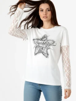 Studio Eleven Collection Maxi t-shirt da donna in cotone con maniche lunghe in pizzo - bianco