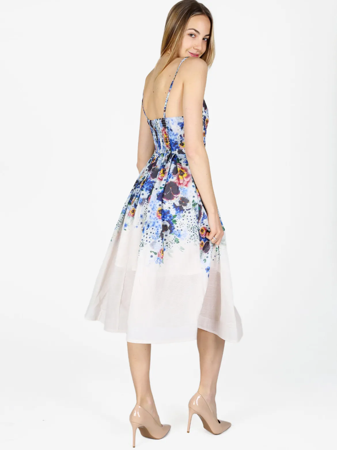 Studio Eleven Collection Vestito da donna svasato con stampa floreale e spalline sottili