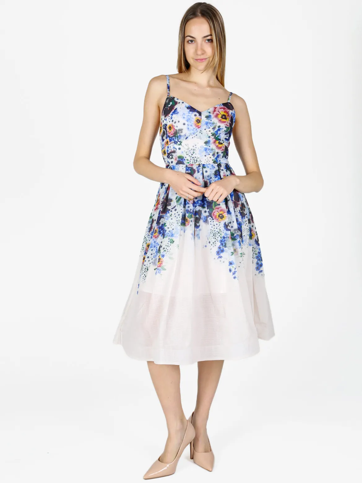 Studio Eleven Collection Vestito da donna svasato con stampa floreale e spalline sottili