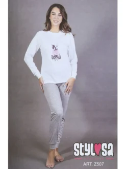 Stylosa Pigiama lungo da donna in cotone con pantaloni a pois