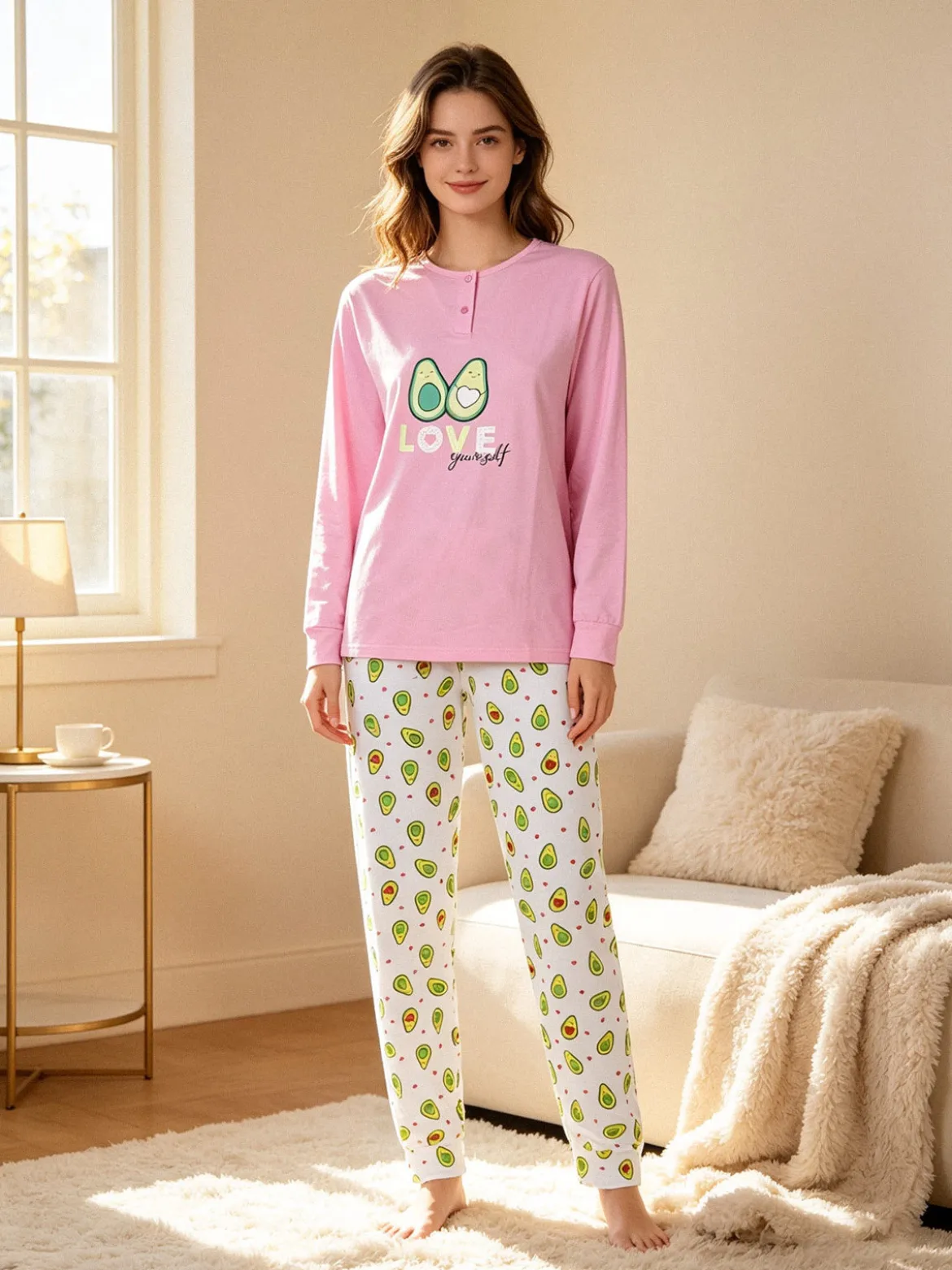 Stylosa Pigiama lungo da donna in cotone con stampe