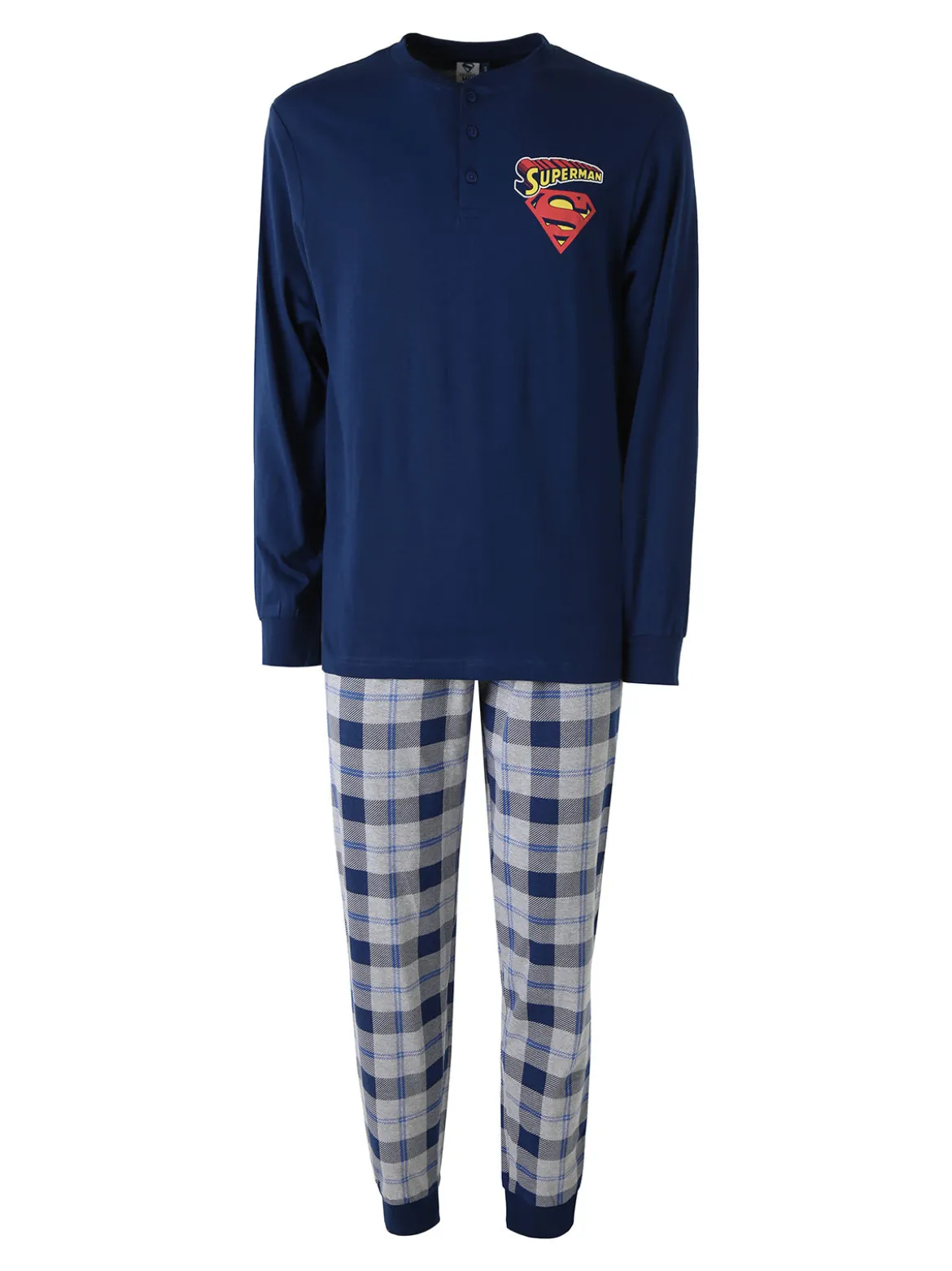 Superman Pigiama lungo da uomo in cotone con pantaloni a quadri - blu