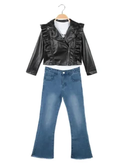 Sweet Junior Completo da bambina 3 pezzi con giacca in ecopelle e jeans