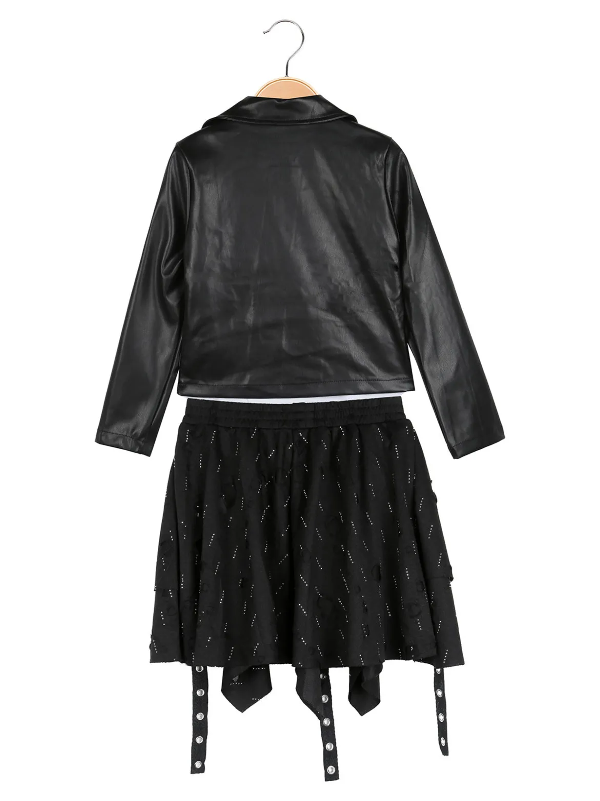 Sweet Junior Completo 3 pezzi da bambina con giacca in ecopelle e gonna con strass - nero