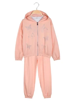 Sweet Junior Completo tuta 3 pezzi da bambina con farfalle di strass cappuccio e zip - corallo