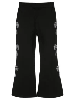 Sweet Junior Pantaloni da bambina a zampa con fiocchi di strass ed elastico in vita - nero