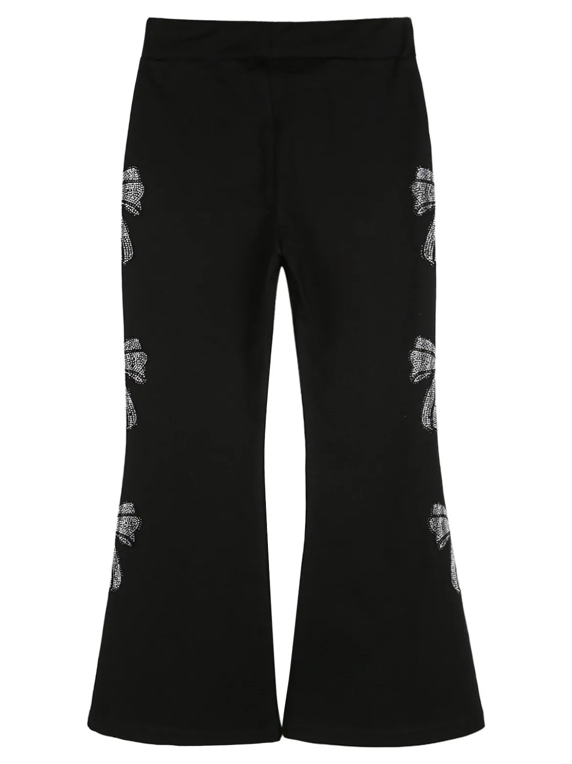 Sweet Junior Pantaloni da bambina a zampa con fiocchi di strass ed elastico in vita - nero