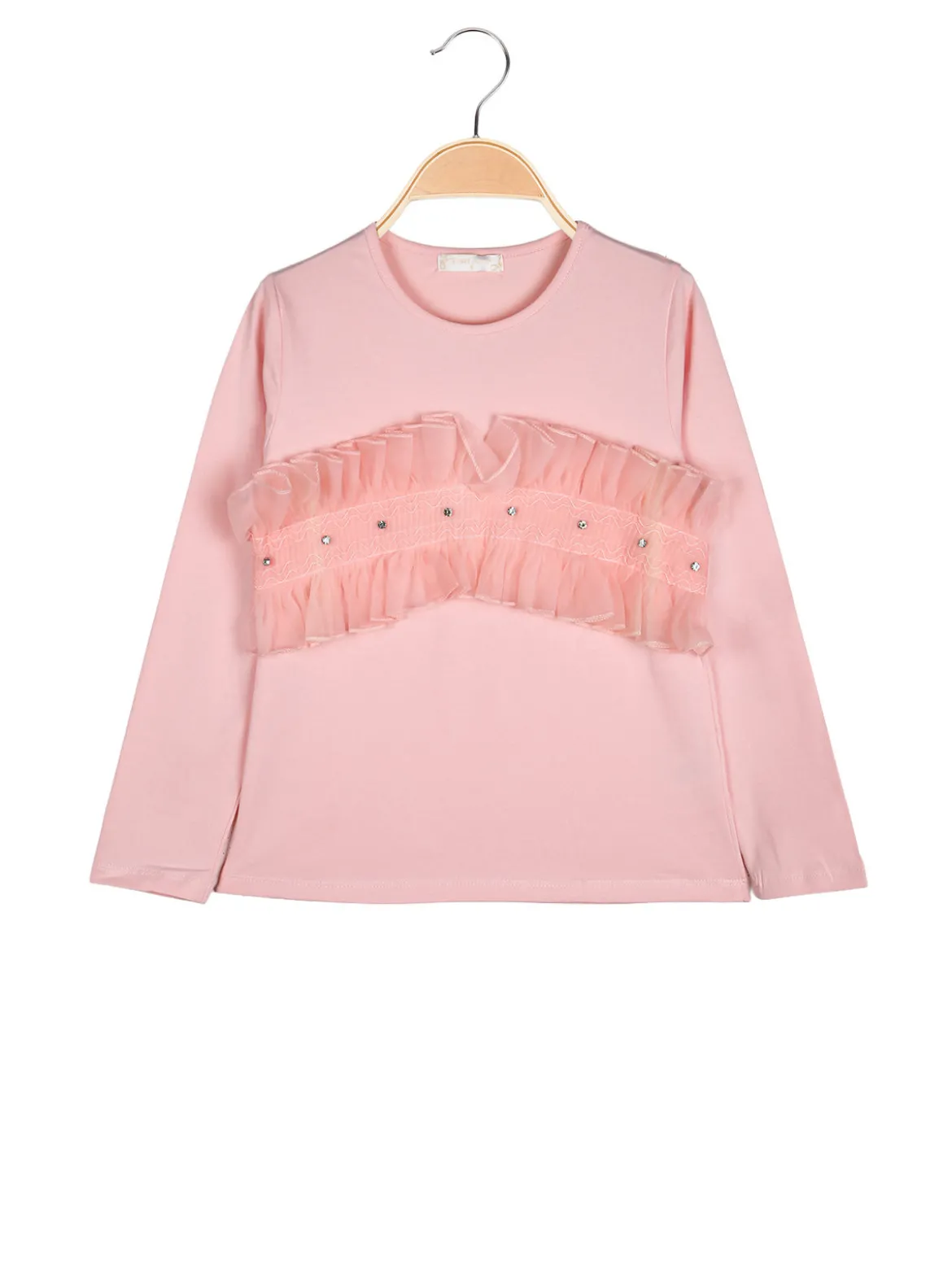 Sweet Junior T-shirt da bambina a maniche lunghe con tulle e strass - rosa