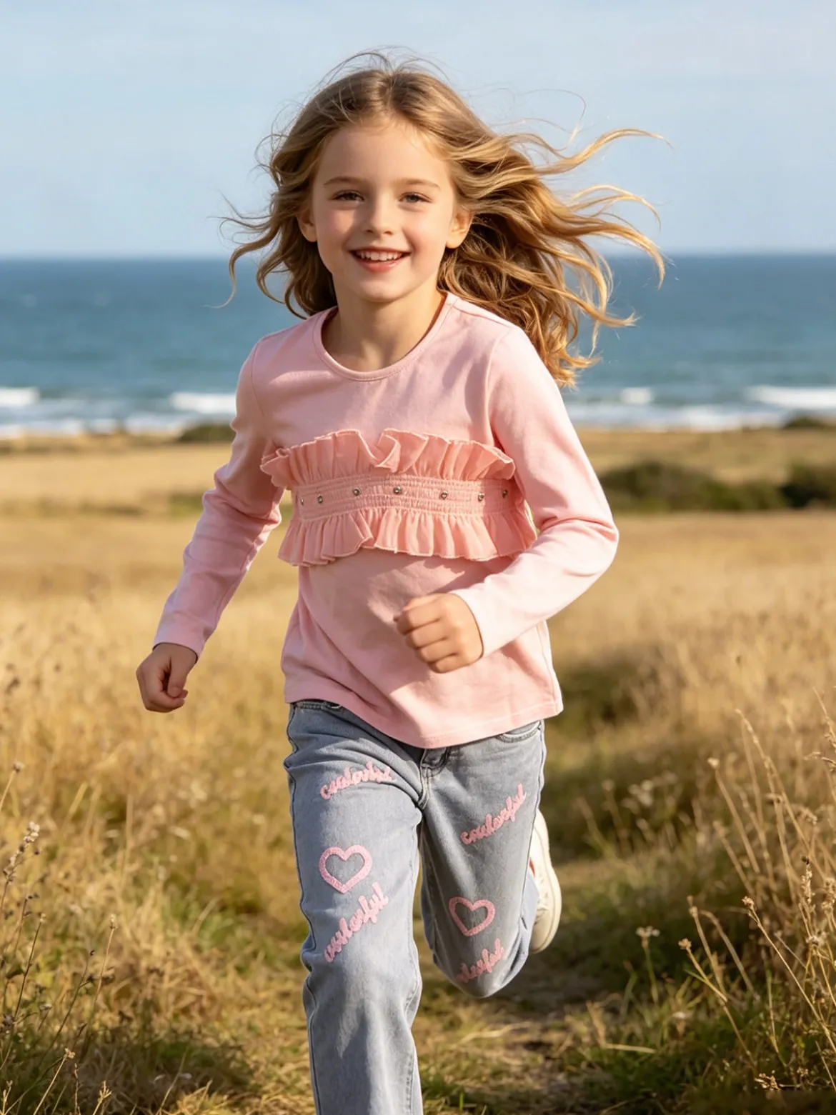 Sweet Junior T-shirt da bambina a maniche lunghe con tulle e strass - rosa
