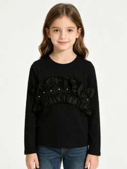 Sweet Junior T-shirt da bambina a maniche lunghe con tulle e strass - nero