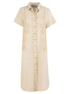 Sweet Miss Abito donna a maniche corte in misto lino con ricami - beige