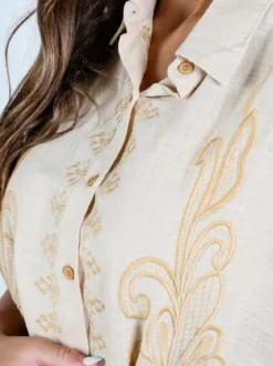 Sweet Miss Abito donna a maniche corte in misto lino con ricami - beige